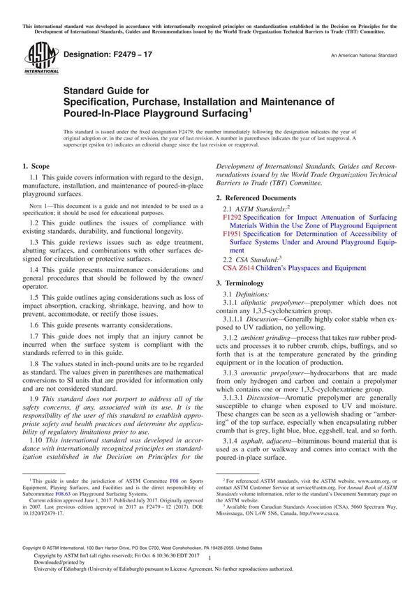 ASTM F2479-17 Standard Guide for Specification, Purchase, Installation and Maintenance of Poured-In-Place Playground Surfacing