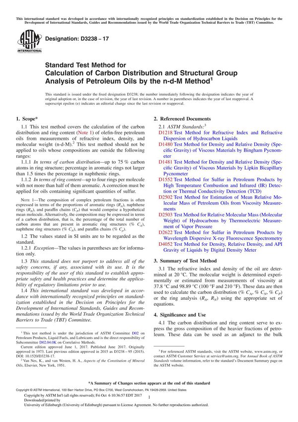 ASTM D3238-17 Standard Test Method for Calculation of Carbon Distribution and Structural Group Analysis of Petroleum Oils by the