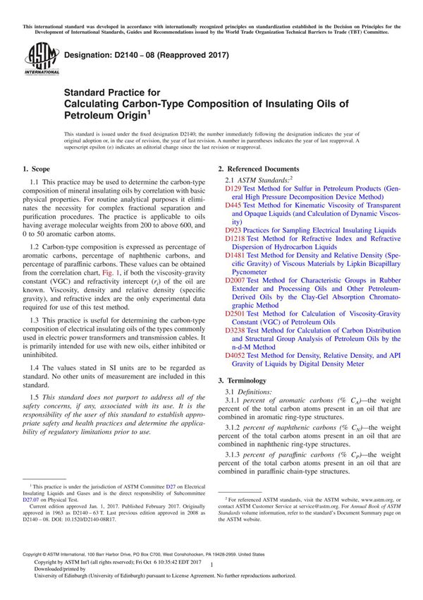 ASTM D2140-08(2017) Standard Practice for Calculating Carbon-Type Composition of Insulating Oils of Petroleum Origin