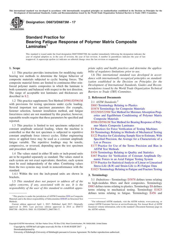 ASTM D6873 D6873M-17 Standard Practice for Bearing Fatigue Response of Polymer Matrix Composite Laminate