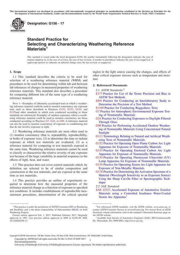 ASTM G156-17 Standard Practice for Selecting and Characterizing Weathering Reference Material