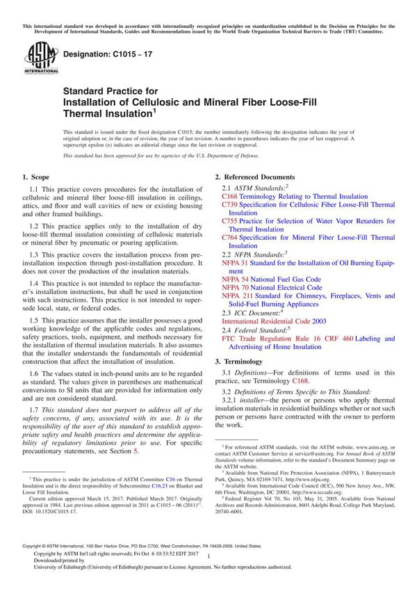 ASTM C1015-17 Standard Practice for Installation of Cellulosic and Mineral Fiber Loose-Fill Thermal Insulation