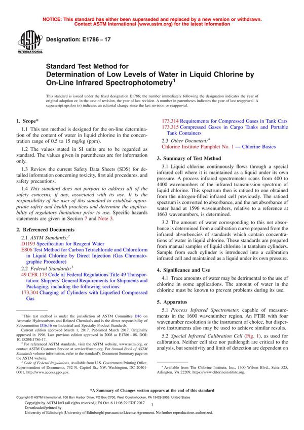 ASTM E1786 - 17 Standard Test Method for Determination of Low Levels of Water in Liquid Chlorine by On-Line Infrared Spectrophot