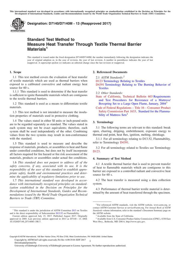 ASTM D7140 D7140M-13(2017) Standard Test Method to Measure Heat Transfer Through Textile Thermal Barrier Material