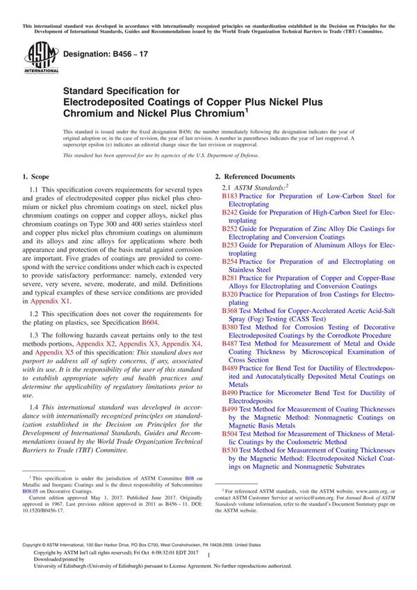 ASTM B456-17 Standard Specification for Electrodeposited Coatings of Copper Plus Nickel Plus Chromium and Nickel Plus Chromium
