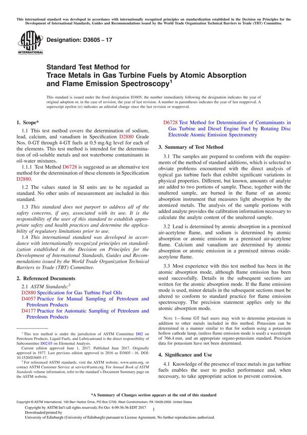 ASTM D3605-17 Standard Test Method for Trace Metals in Gas Turbine Fuels by Atomic Absorption and Flame Emission Spectroscopy