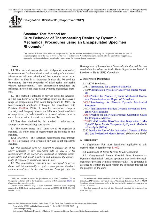ASTM D7750-12(2017) Standard Test Method for Cure Behavior of Thermosetting Resins by Dynamic Mechanical Procedures using an Enc