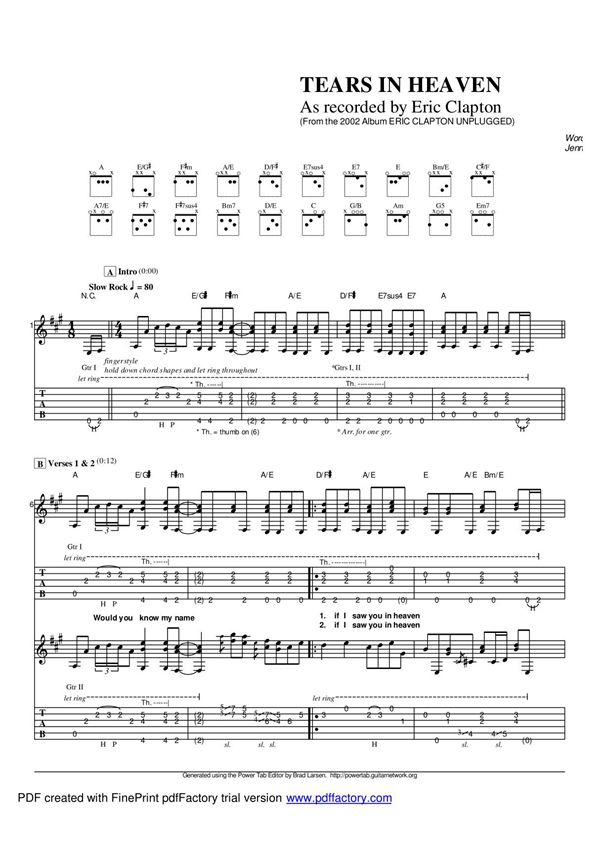 《泪洒天堂 - Tears in Heaven》吉他谱