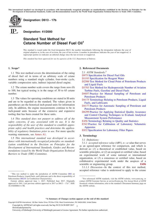 ASTM D613-17b Standard Test Method for Cetane Number of Diesel Fuel Oil
