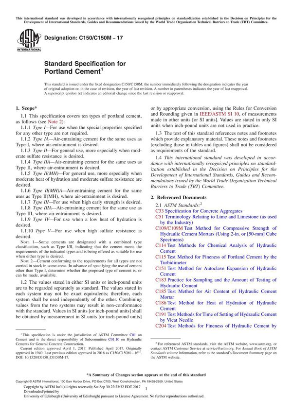 ASTM C150 C150M-17 Standard Specification for Portland Cement