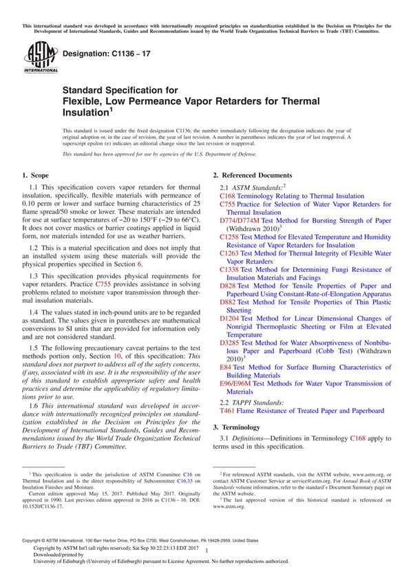 ASTM C1136-17 Standard Specification for Flexible, Low Permeance Vapor Retarders for Thermal Insulation
