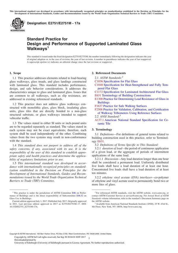 ASTM E2751 E2751M-17a Standard Practice for Design and Performance of Supported Laminated Glass Walkway