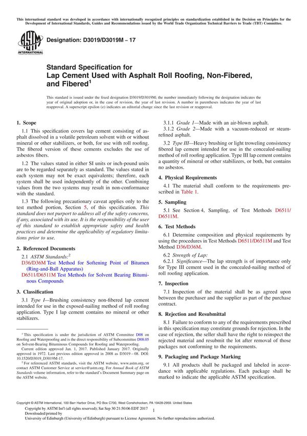 ASTM D3019 D3019M-17 Standard Specification for Lap Cement Used with Asphalt Roll Roofing, Non-Fibered, and Fibered