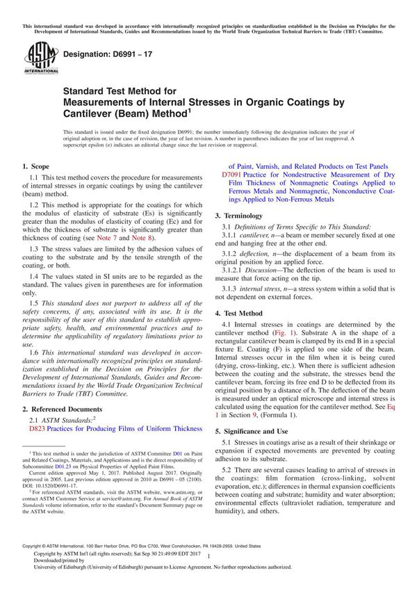 ASTM D6991-17 Standard Test Method for Measurements of Internal Stresses in Organic Coatings by Cantilever (Beam) Method