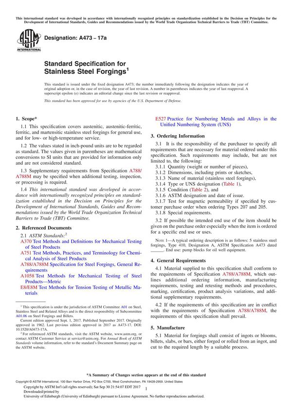 ASTM A473-17a Standard Specification for Stainless Steel Forging