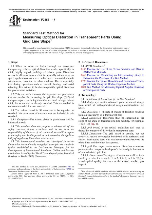 ASTM F2156-17 Standard Test Method for Measuring Optical Distortion in Transparent Parts Using Grid Line Slope