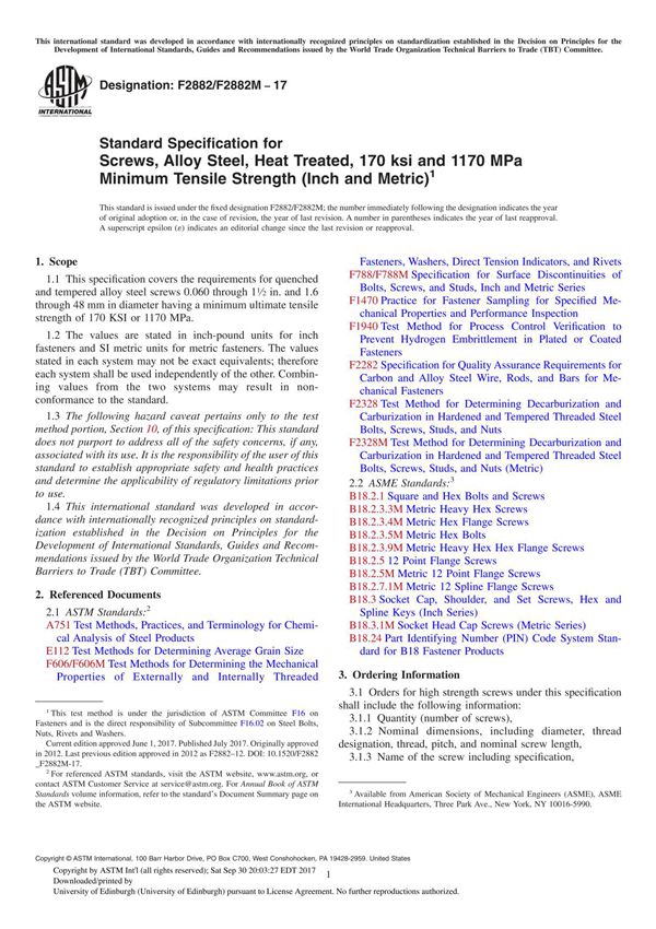 ASTM F2882 F2882M-17 Standard Specification for Screws, Alloy Steel, Heat Treated, 170 ksi and 1170 MPa Minimum Tensile Strength