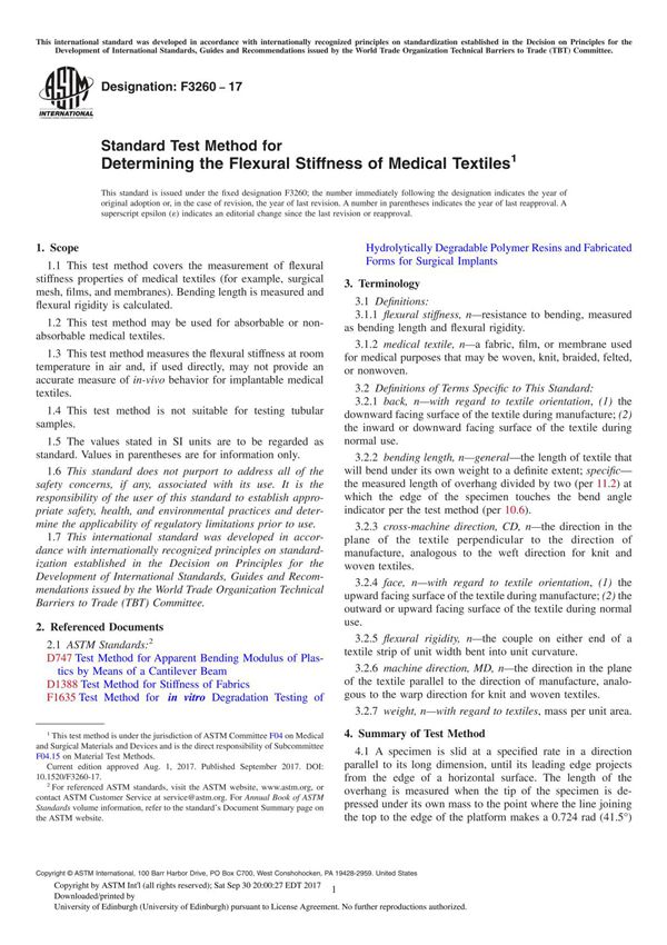 ASTM F3260-17 Standard Test Method for Determining the Flexural Stiffness of Medical Textile