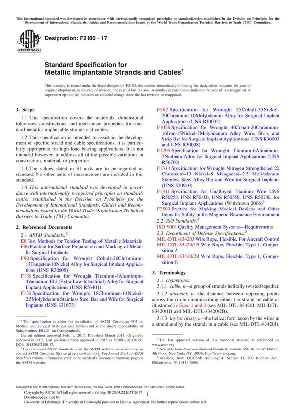 ASTM F2180-17 Standard Specification for Metallic Implantable Strands and Cable