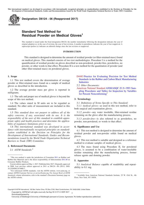 ASTM D6124-06(2017) Standard Test Method for Residual Powder on Medical Glove