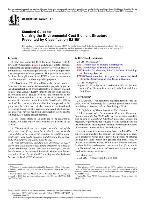ASTM E2637-17 Standard Guide for Utilizing the Environmental Cost Element Structure Presented by Classification E2150