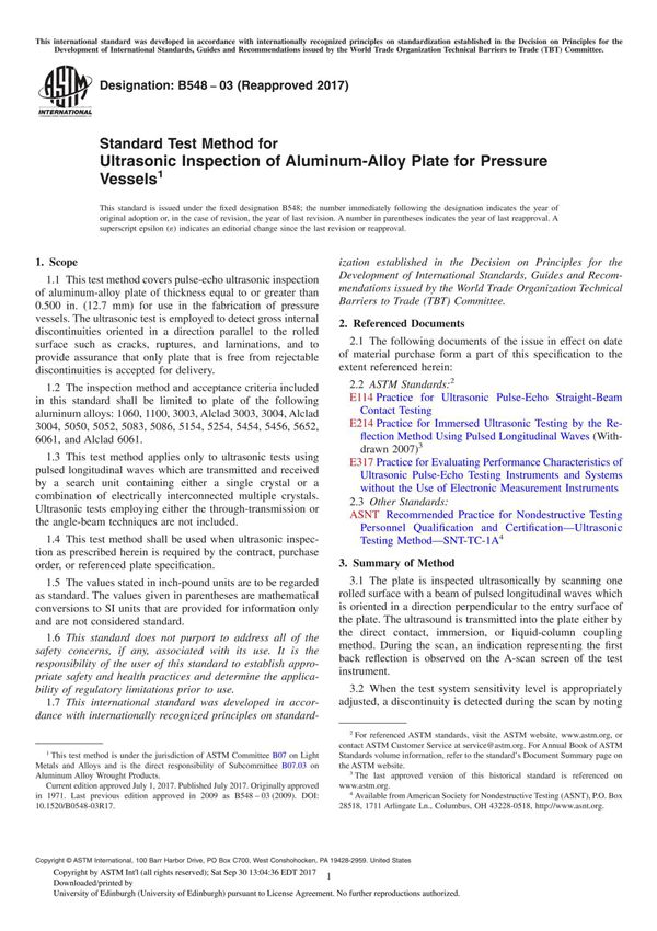 ASTM B548-03(2017) Standard Test Method for Ultrasonic Inspection of Aluminum-Alloy Plate for Pressure Vessel