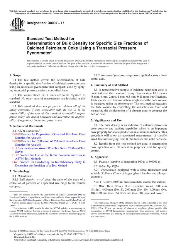 ASTM D8097-17 Standard Test Method for Determination of Bulk Density for Specific Size Fractions of Calcined Petroleum Coke Usin