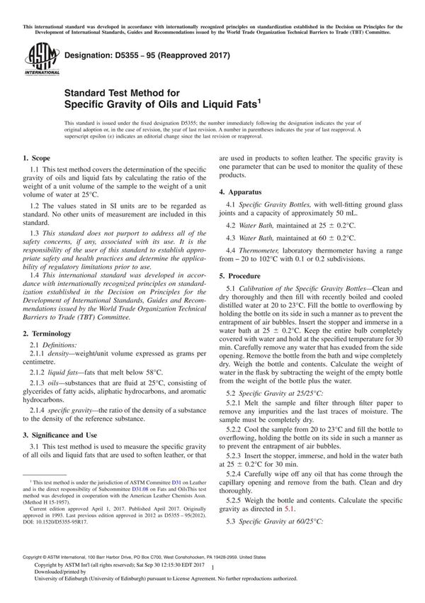 ASTM D5355-95(2017) Standard Test Method for Specific Gravity of Oils and Liquid Fat