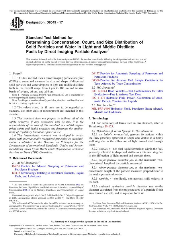ASTM D8049-17 Standard Test Method for Determining Concentration, Count, and Size Distribution of Solid Particles and Water in L