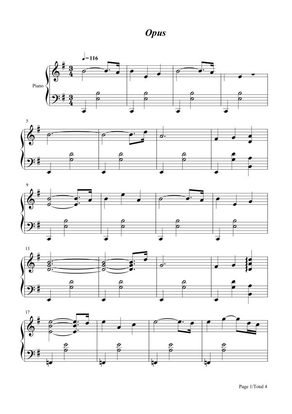 钢琴谱 Opus-坂本龙一 五线谱 共4张(全)