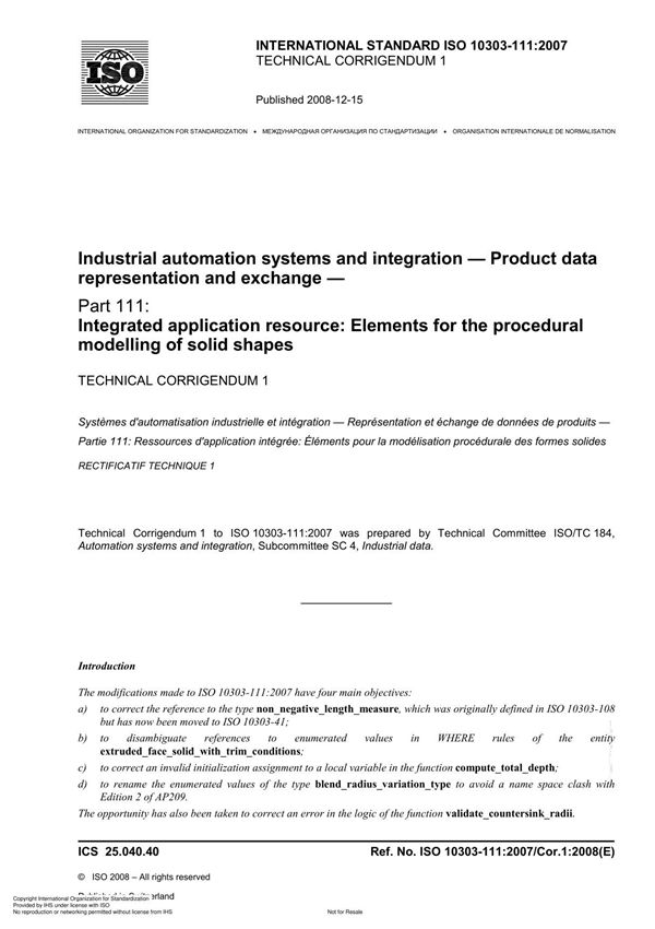 ISO 10303-111 Industrial automation systems and integration Product data representation and exchange Technical Corrigendum