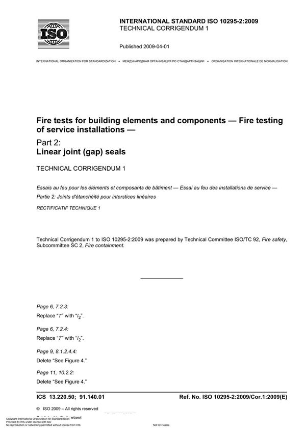 ISO 10295-2 Fire tests for building elements and components  Fire testing of service installations TECHNICAL CORRIGENDUM 1