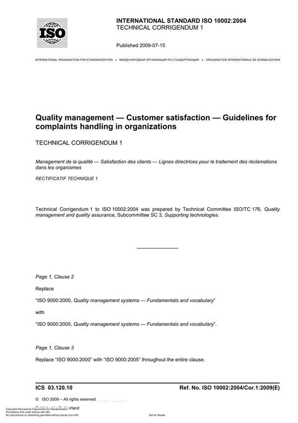 ISO 10002 2004 Quality management Customer satisfaction Guidelines for complaints handling in organization