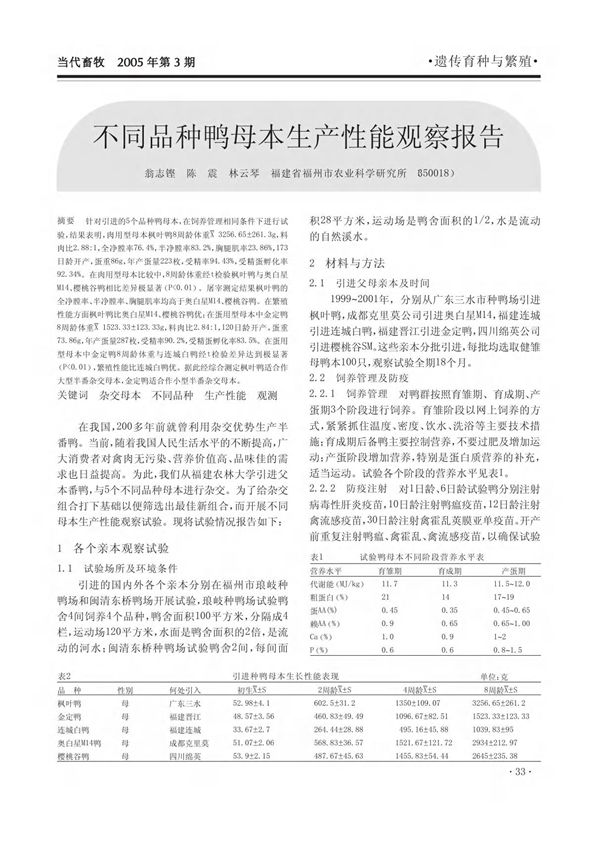 不同品种鸭母本生产性能观察报告
