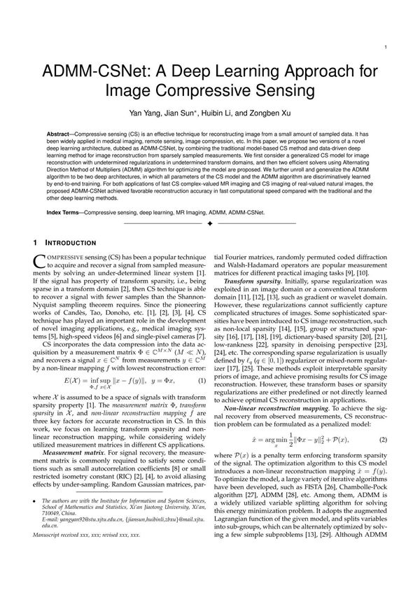 ADMM-CSNet  A Deep Learning Approach for Image Compressive Sensing