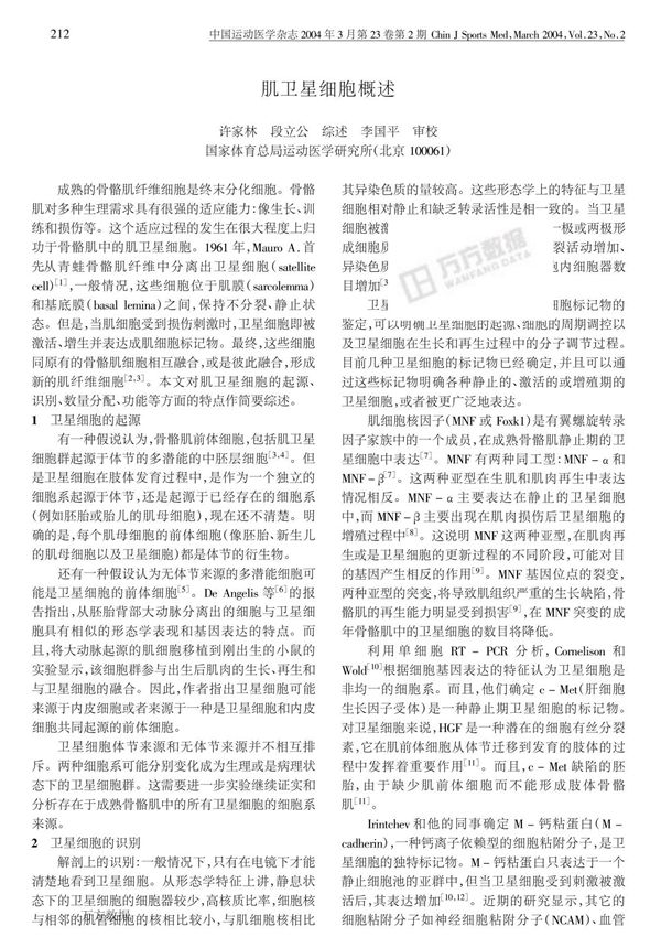 肌卫星细胞概述