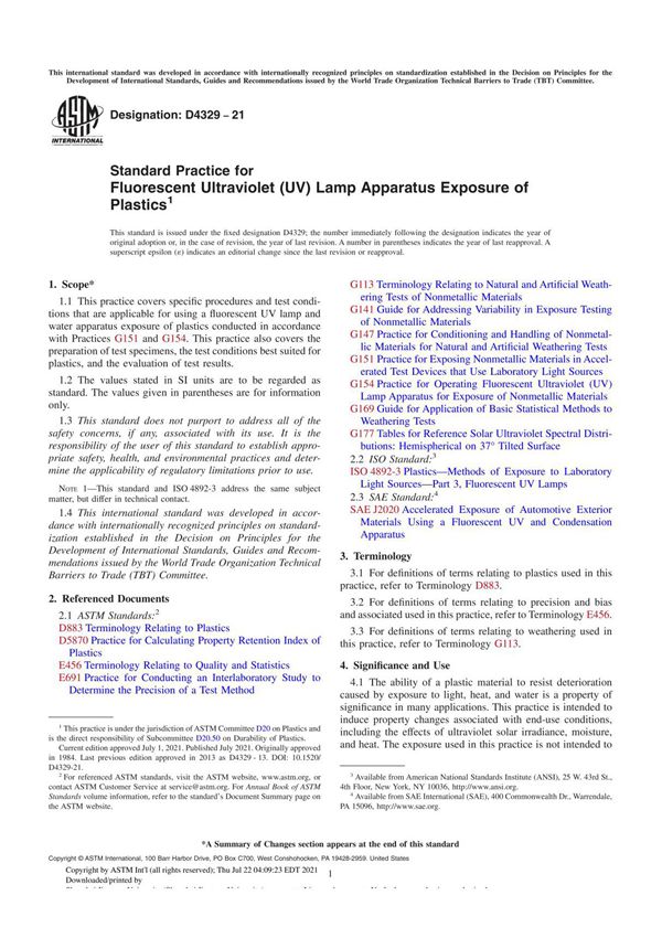 ASTM D4329-21 Standard Practice for Fluorescent Ultraviolet (UV) Lamp Apparatus Exposure of Plastics