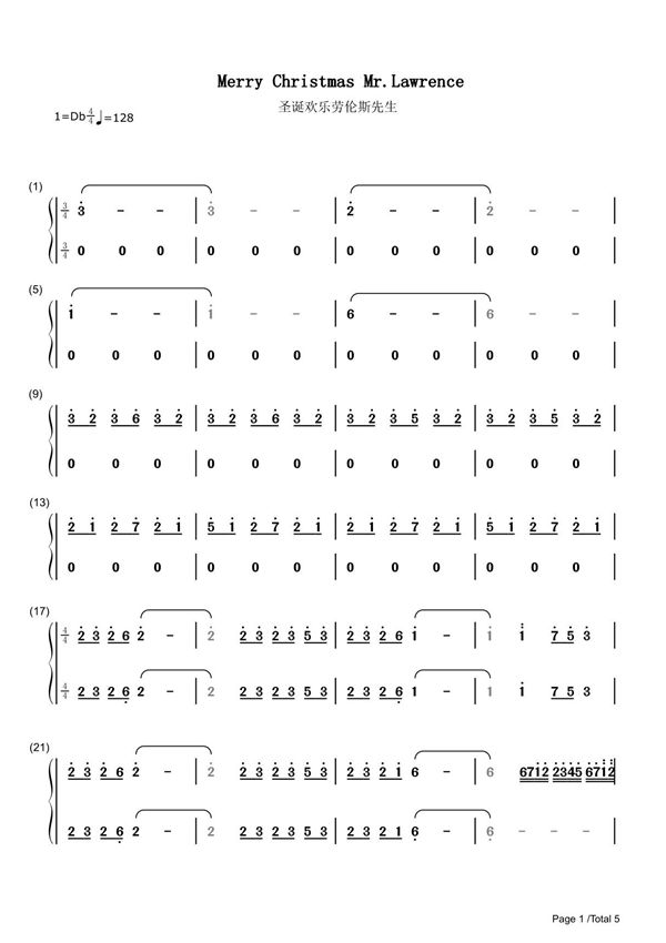 Merry Christmas Mr. Lawrence简谱钢琴谱 简谱双手数字完整版原版