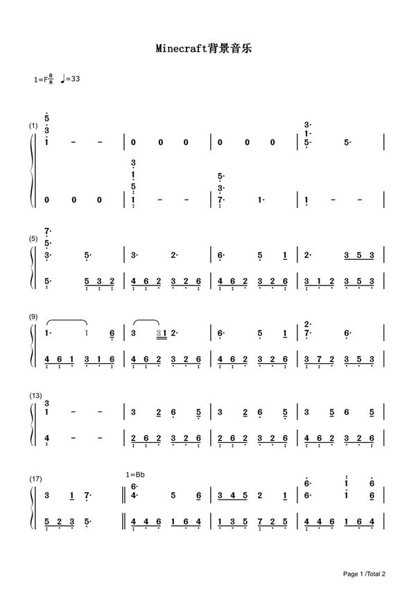 Minecraft背景音乐简谱钢琴谱 简谱双手数字完整版原版