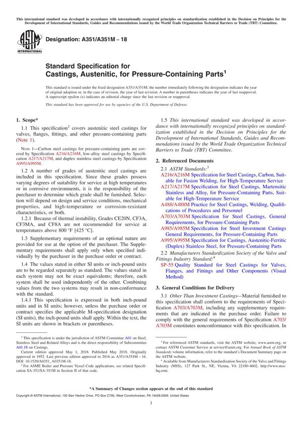 ASTM A351A351M-2018 承压部件用奥氏体铸件标准规范