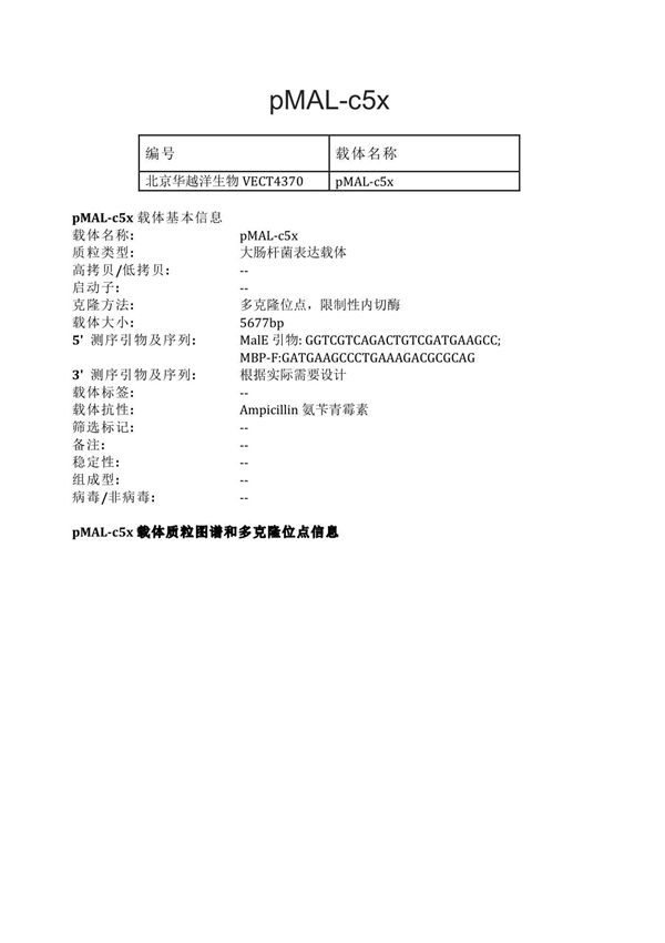 pMAL-c5x大肠杆菌表达载体说明