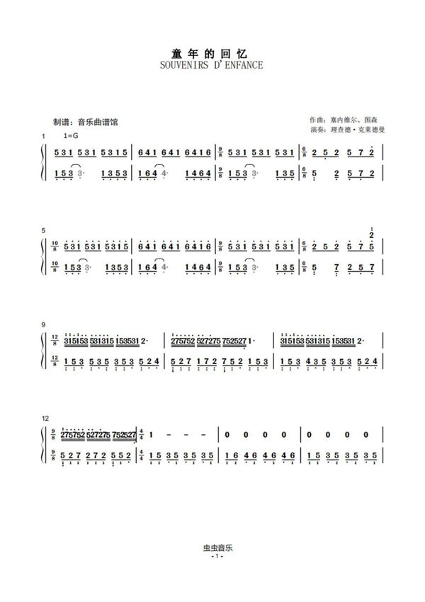 童年的回忆-(简谱)( 爱的纪念 爱的克里斯汀 SOUVENIRS D'ENFANCE 理查德克莱德曼钢琴谱钢琴简谱 数字谱 钢琴双手简谱