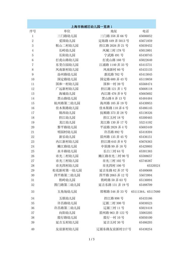 上海杨浦区幼儿园一览表