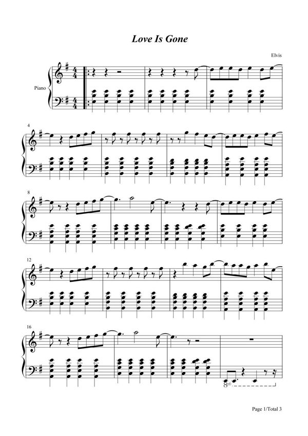 钢琴谱 Love Is Gone-David Guetta ft Chris Willis 五线谱 共3张(全)