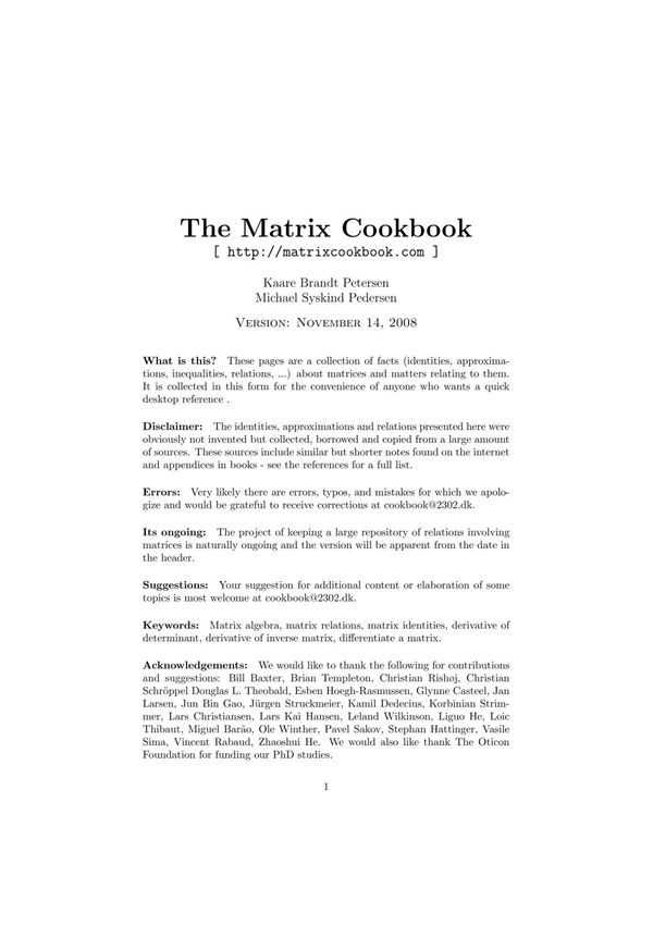 Matrix Cookbook Textbook of Artificial Intelligence人工智能技术教程电子版 1