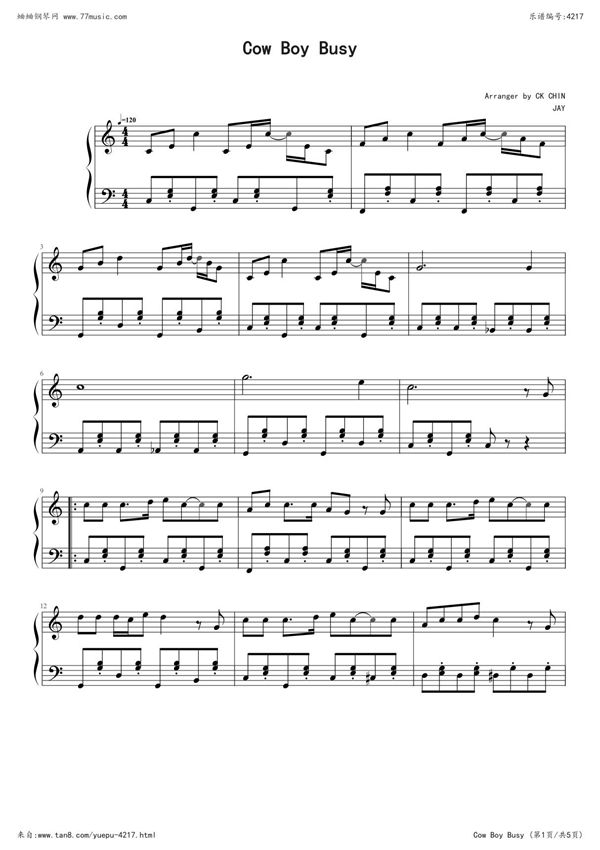 周杰伦经典曲目钢琴谱 牛仔很忙五线谱