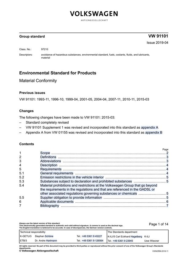 VW 91101 EN避免有害物质,环境标准最新版