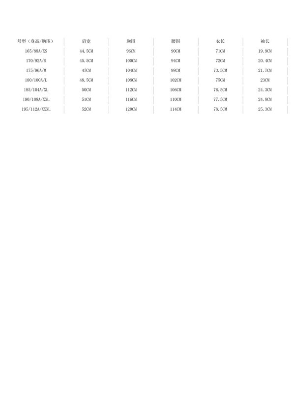 衬衫尺码对照表