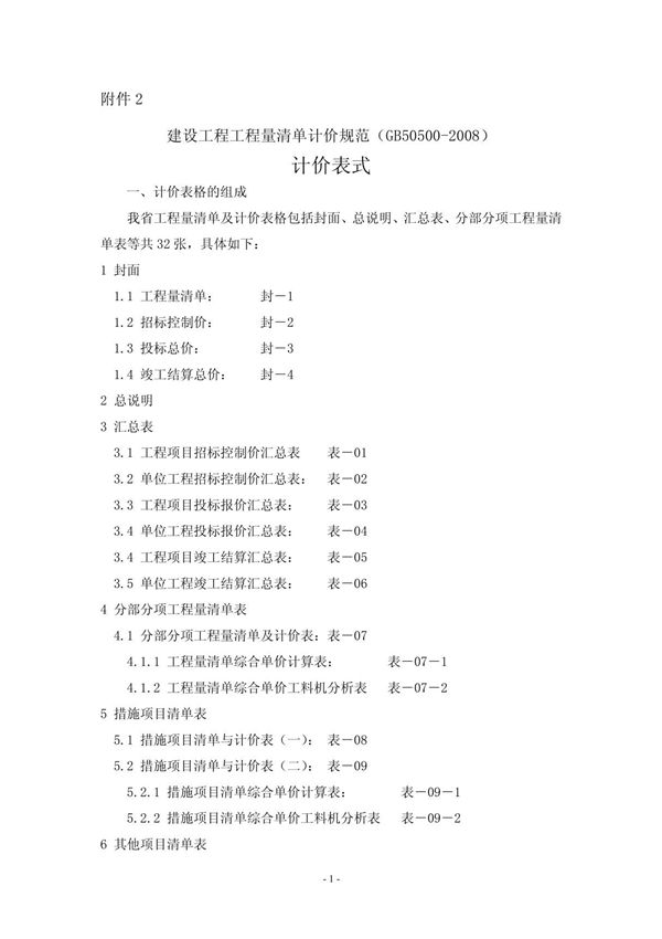 工程量清单表格样式