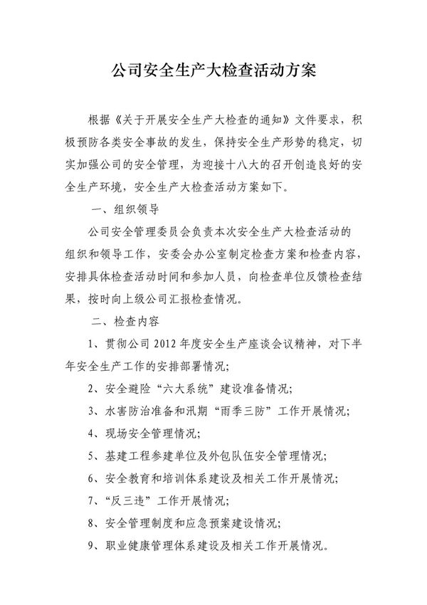 公司安全生产大检查方活动方案